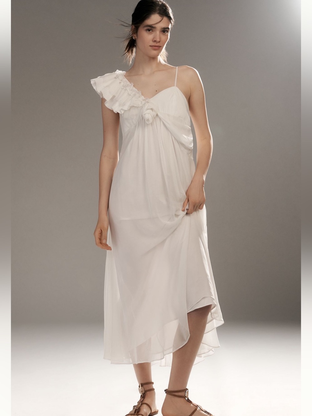 White One-Shoulder Ruffle Midi Dress Anthropologie size Large NWT